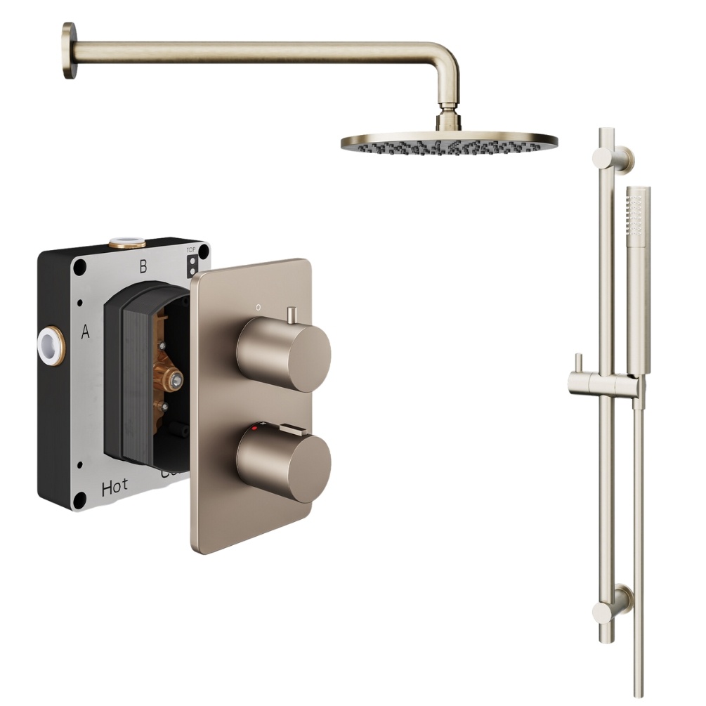 Product Cut out image of the Abacus Iso Brushed Nickel 2 Outlet Shower Pack with Fixed Head & Slide Rail